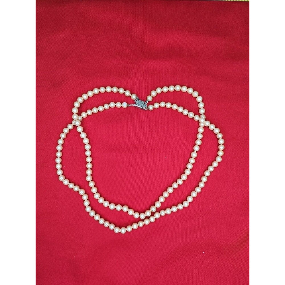 Double Strand Faux Pearl Necklace Sterling Clip Vintage 17''Long